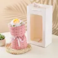 Handmade knitted rose flower bouquet gift with pink tweed wrap and elegant white gift bag. - Pink & Gradient Yellow (Single Bouquet)