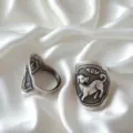 Gedetailleerde close-up van de vintage sterling zilveren dierenriemring met prachtige gravure. - Hond Dierenriem