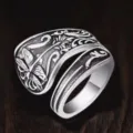 Vintage silver open ring with intricate dragonfly and floral carved pattern for womens. - Dragonfly Style / Silver