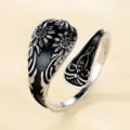 Vintage Zilveren Bloem Open Ring Retro Zwarte Emaille Verstelbare Sieraden Voor Dames - Zonnebloem Stijl / Zilver