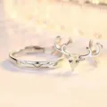 Silver couple rings set with pear zircon deer antler design adjustable jewelry item - Deer by Your Side