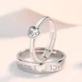 Silver couple rings set with sparkling heart zircon and engraved text, elegant fashion style. - Love You Wholeheartedly