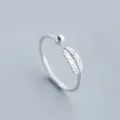 Bague ouverte en argent motif plume style vintage minimaliste accessoire de bijoux - Ouvert Ajustable / Style Plume et Petite Perle