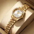 Gold stainless steel women quartz watch with rhinestone bezel elegant dress wristwatch - Gold White