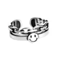 Vintage silver smiley face open ring, double-layer chain design, trendy fashion jewelry for women. - Open Adjustable / Lucky Smile Ring Eight