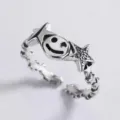 Vintage silver smiley face open ring for women, cute star adjustable aesthetic ring. - Open Adjustable / Lucky Smile Ring Ten