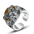 Vintage S925 Sterling Silver Tiger Head Ring for Men Fashionable Open Band Jewelry - Adjustable Open Design / Green Eyes Tiger Ring