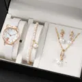 Modisches niedliches Katzen Quartzuhren-Set mit Perlenarmband Halskette Ohrringen - Weiße Perlenkette Und Ohrringe