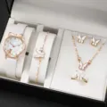 Schickes Damen Quarzuhren Set mit Katzen Zifferblatt, Schmetterling Armband, Kette, Ring. - Weißes Schmetterlingsset