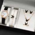 Elegantes Quarzuhr-Set mit süßem Katzen-Zifferblatt und schwarzem Schmetterlingsschmuck. - Schwarzer Schmetterling Set
