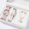Niedliches Katzen Quarzuhren Set mit rosa Schmetterling Armband Halskette Ring Ohrringe - Rosa Schmetterling Set