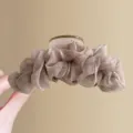 Nahaufnahme der eleganten Raff-Netz-Haarklammer, die weiche Chiffon-Textur zeigt. - Braun