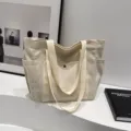 Grote canvas shopper tas voor vrouwen werk dagelijks pendelen esthetische schoudertas - Gebroken Wit met Voering en Rits