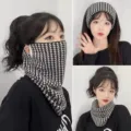 Women winter houndstooth neck gaiter face mask windproof warm cycling scarf headband - Black Houndstooth Style