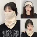 Women winter knit neck warmer face mask thermal windproof cycling fleece scarf headband. - Solid Off-white Style