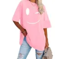 Ροζ oversize t-shirt γυναικείο κοντομάνικο με στρογγυλή λαιμόκοψη smiley face top detail - S / Tops / Ροζ