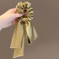 Satin Hair Scrunchie with Long Ribbon Bow and Pearl Edge, Elegant Olive Green Variant - Forest Green