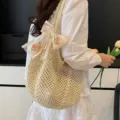 Beige crochet shoulder bag with floral ribbon bow, stylish knit mesh beach handbag. - With Tie Decoration / Beige