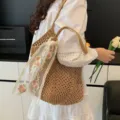 Summer woven straw shoulder bag with floral lace ribbon, stylish hollow beach handbag for ladies. - With Tie Decoration / Khaki