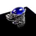 Vintage silver dragon head ring with large blue oval stone punk gothic jewelry statement ring - Adjustable Open Design / Blue