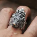 Vintage punk zilveren leeuw ring met kroon en kruis, gotische verstelbare heren ring. - Verstelbare Open Maat / Leeuw 4