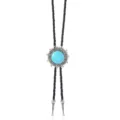 Detailed view of the vintage turquoise bolo tie featuring a sunburst alloy pendant and braided cord. - Style 1