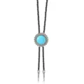 Detailed view of vintage turquoise flower bolo tie necklace with black braided leather cord. - Style 2
