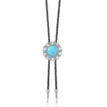Detailed close-up of the vintage turquoise bolo tie with braided leather cord and alloy charm. - Style 3