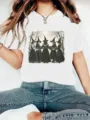 Women graphic short sleeve t-shirt casual summer vintage witch print round neck top white - S / Tops / White