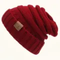 Red winter knitted slouchy beanie hat for women and men, warm thermal rolled-edge cap. - One Size / Red