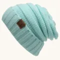 Women winter warm knit slouchy beanie hat casual solid color soft cuff skull cap blue - One Size / Lake Blue