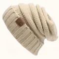 Beige knit beanie hat, warm cuffed pullover design, soft winter outdoor cold-proof fashion cap. - One Size / Beige