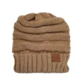 Cozy brown knit beanie for women and men, warm winter slouchy hat with chic logo patch. - One Size / Dark Khaki