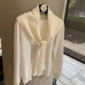 White knit sweater with matching tied shawl scarf, elegant layered fall outerwear detail. - One Size / White