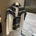 Conjunto de chal de punto a rayas y jersey blanco estilo coreano para mujer otono. - 170x53cm / Gris Beige
