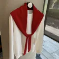 Knotted knit small shawl sweater detail showing texture, stylish layered autumn women top wear. - One Size / Red