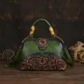 Sac à main en cuir gaufré vintage avec poignée en bambou, sac bandoulière rétro pour femmes. - Vert Vintage