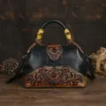 Sac à main en cuir gravé vintage rétro sac à bandoulière floral poignée supérieure. - Noir Rétro