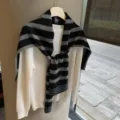 Koreanischer Stil gestreifter Strickschal mit weißem Pullover für Damen Vintage - 170x53cm / Schwarz und Grau