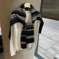 Koreanische gestreifte Strickschal Schultertuch Damen, klassische Winter Lagenlook Mode. - 170x53cm / Schwarz-Beige