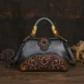 Sac à main en cuir sculpté vintage avec poignées en bambou, sac à épaule rétro ethnique. - Gris Rétro