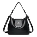 Borsa a tracolla da donna in pelle PU nera con scomparti multipli e chiusura floreale. - Nero