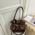 Sac cabas bandoulière plissé marron rétro, grand sac fourre-tout élégant et chic. - Sans pendentif / Marron