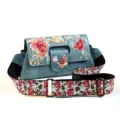 Sac à bandoulière brodé style ethnique avec large sangle, sac à main fleuri vintage. - Bleu lac