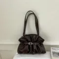 Sac cabas plissé souple marron foncé sac porté épaule vintage élégant sac à main - Sans pendentif / Café