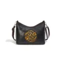 Sac à bandoulière en cuir véritable style chinois pour femme avec motif médaillon doré. - Noir