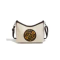Sac à bandoulière en cuir véritable style chinois, blanc crème avec bordure marron. - Blanc Cassé