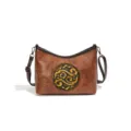 Sac bandoulière pour femme en cuir véritable style chinois rétro avec motif. - Marron