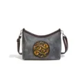 Sac à bandoulière en cuir gris pour femme avec motif vintage doré et bordures marron. - Bleu