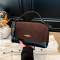 Borsa a tracolla elegante in camoscio patchwork da donna, borsa chic per uso quotidiano. - Marrone scuro